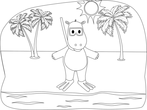 Hippo On The Beach Coloring Page